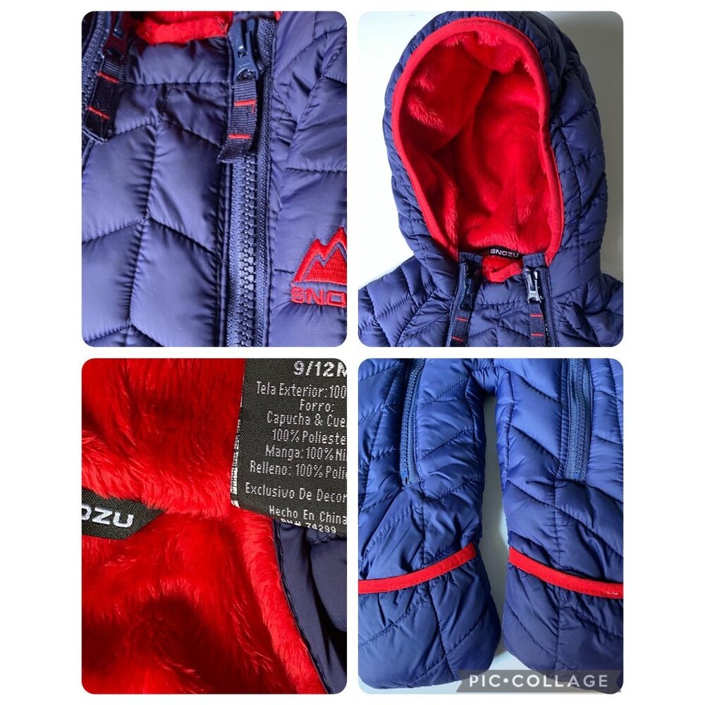 SNOZU Hooded Snowsuit Baby 9-12 Mo Puffer Bunting Blue Fleece Lined Zip Unisex - Picture 7 of 14